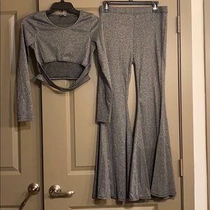2 piece glitter flare pant and crop top set.